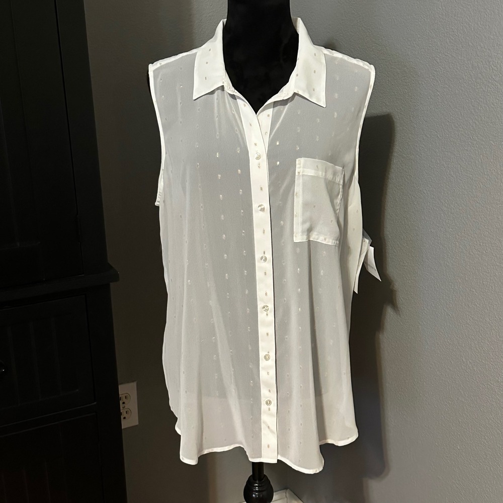 Liz Claiborne Blouse XL Sheer Swiss Dot Sleeveless Button Up NWT‎ Minimalist